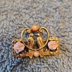 Gold Tone and Pink Rose Love Bird Brooch/Pin, Mother's Day